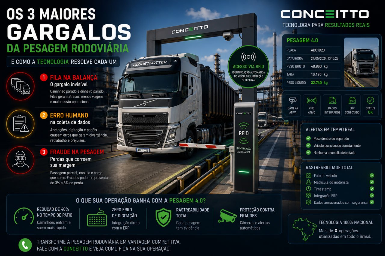 Infográfico Conceitto Industrial — 3 gargalos da pesagem rodoviária
